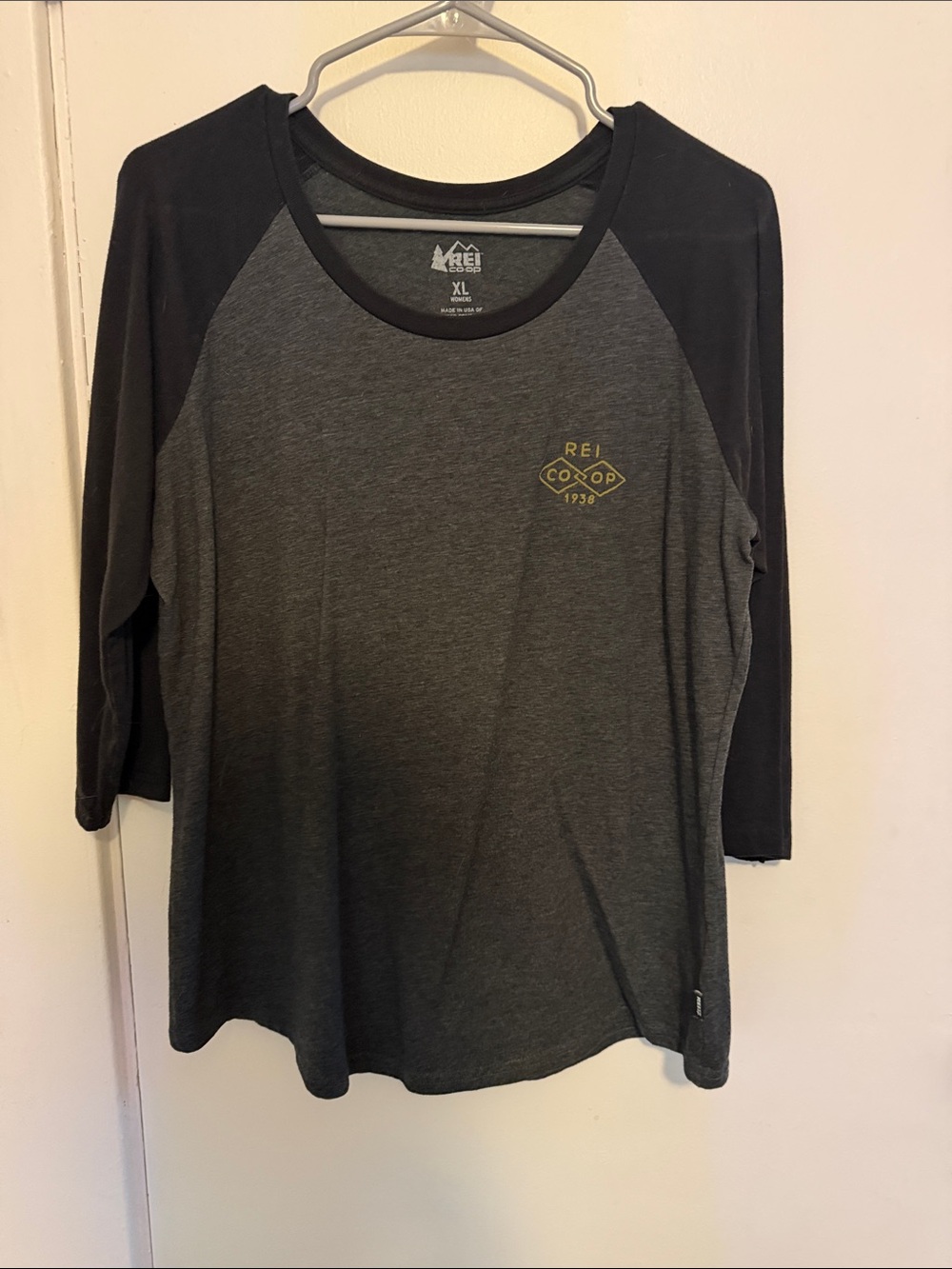 REI Co-op Dark Gray and Black Raglan Baseball Tee